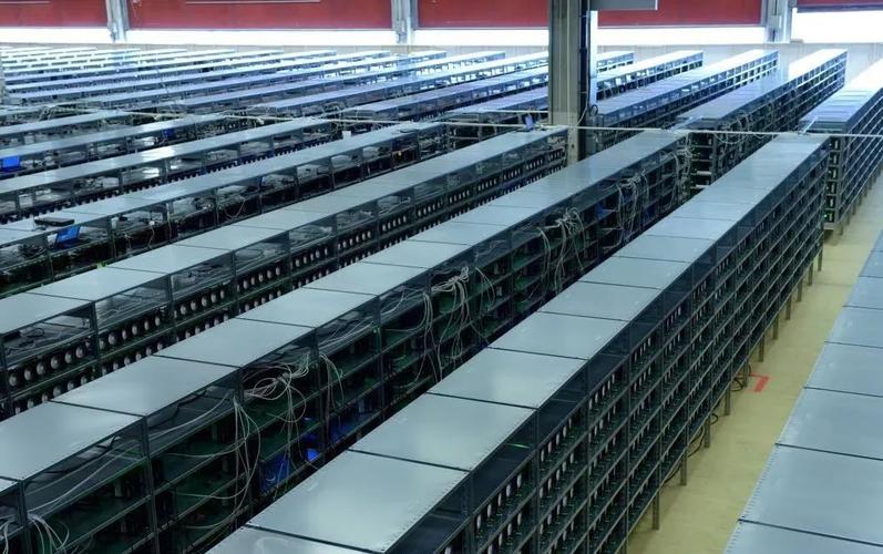 A well-organized mining farm with multiple Kaspa mining machines running efficiently